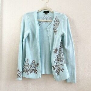 Eddie Bauer Sweater Embroidered Aqua Blue Flowers 100%Cotton Knit Cardigan Small